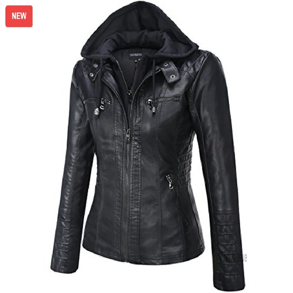 Women's Faux Leather Moto Jacket with Hood, Slim Fit, Detachable Hood - Picture 6 of 8